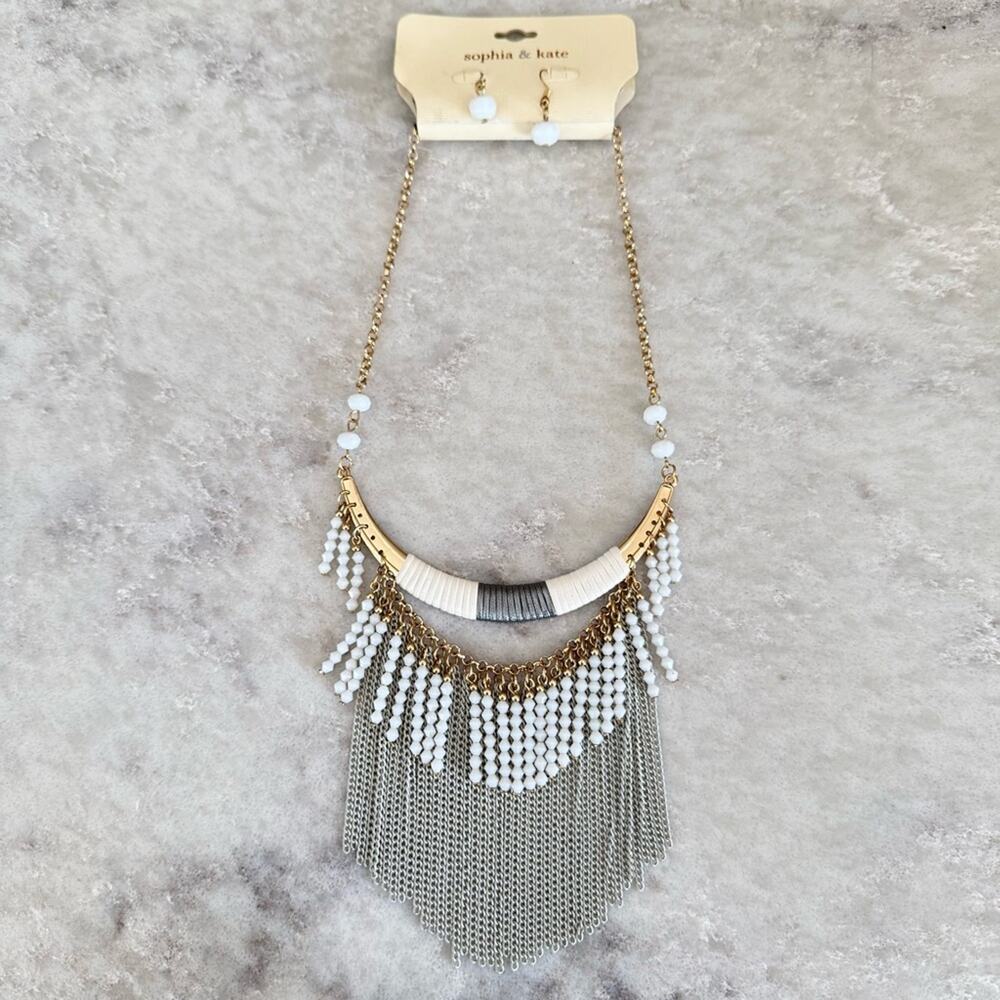 NWT Sophia & Kate boho tassel statement necklace gold tone gray beaded chain